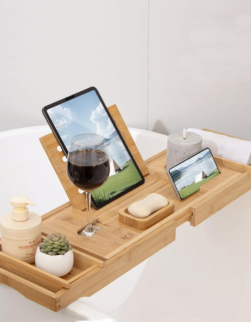 Load image into Gallery viewer, Bamboo Bathtub Caddy Tray - Expandable to 41 Inches with Book Stand, Soap Holder &amp; Anti-Slip Pads for Luxury Bath Spa, Natural
