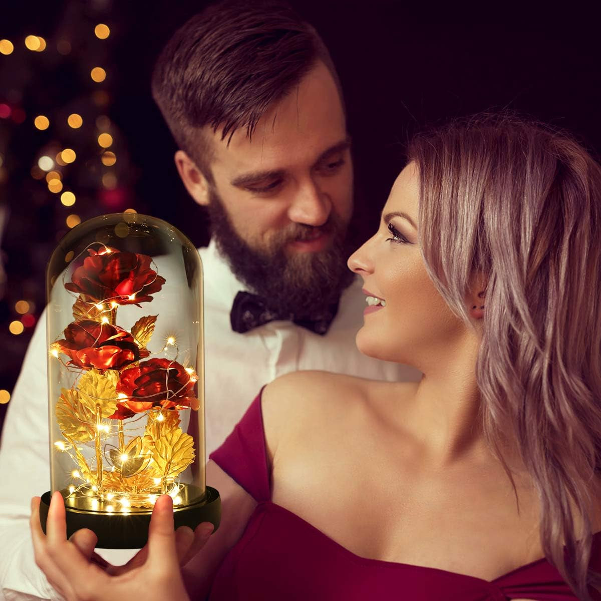 Valentines Day Rose Gifts for Her Galaxy Flower Rose in Glass Dome with 2 Light Modes,Enchanted Rose Light up Rose Valentines Anniversary Birthday Gifts for Wife Girlfriend Women Mom Best Friend Her